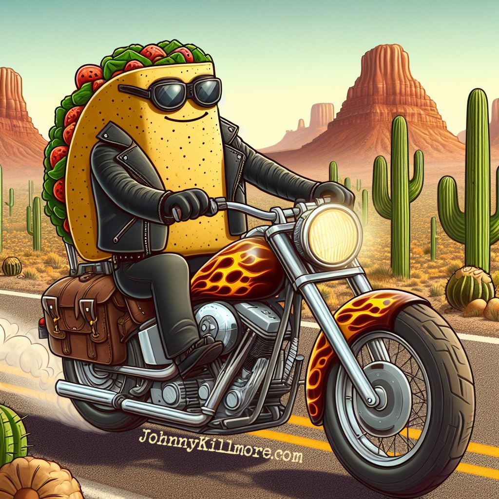 a cartoon taco in black leather and shades smiles as he rides a Harley style motorcycle through the empty desert, with cactus and mountains in the background