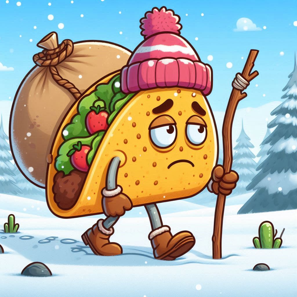 A forlorn cartoon taco trudges through a snowy winter scene. He has tired eyes and a large load on his back, but he persists, ever-forward.