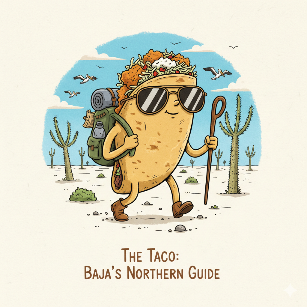 A cartoon taco treks across the Baja peninsula's desert wearing a backpack and dark shades while using a walking stick. In the background are desert plants and coastal birds similar to pelicans