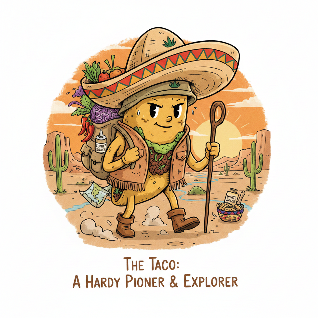 A cartoon taco wearing a sombrero. He sweats as he wanders the desert, with a backpack full of vegetables and condiments.