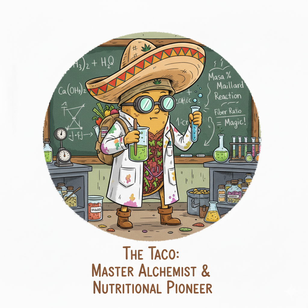 cartoon taco, in a lab holding beakers as he attempts to understand his own nutritional content.