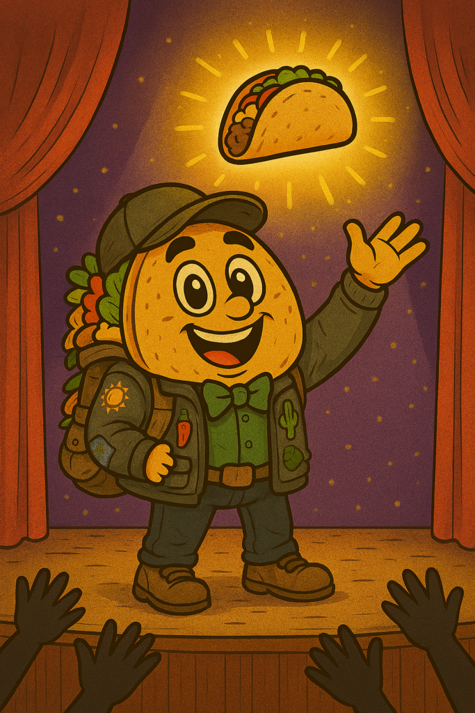 cartoon taco on stage waving to a crowd.