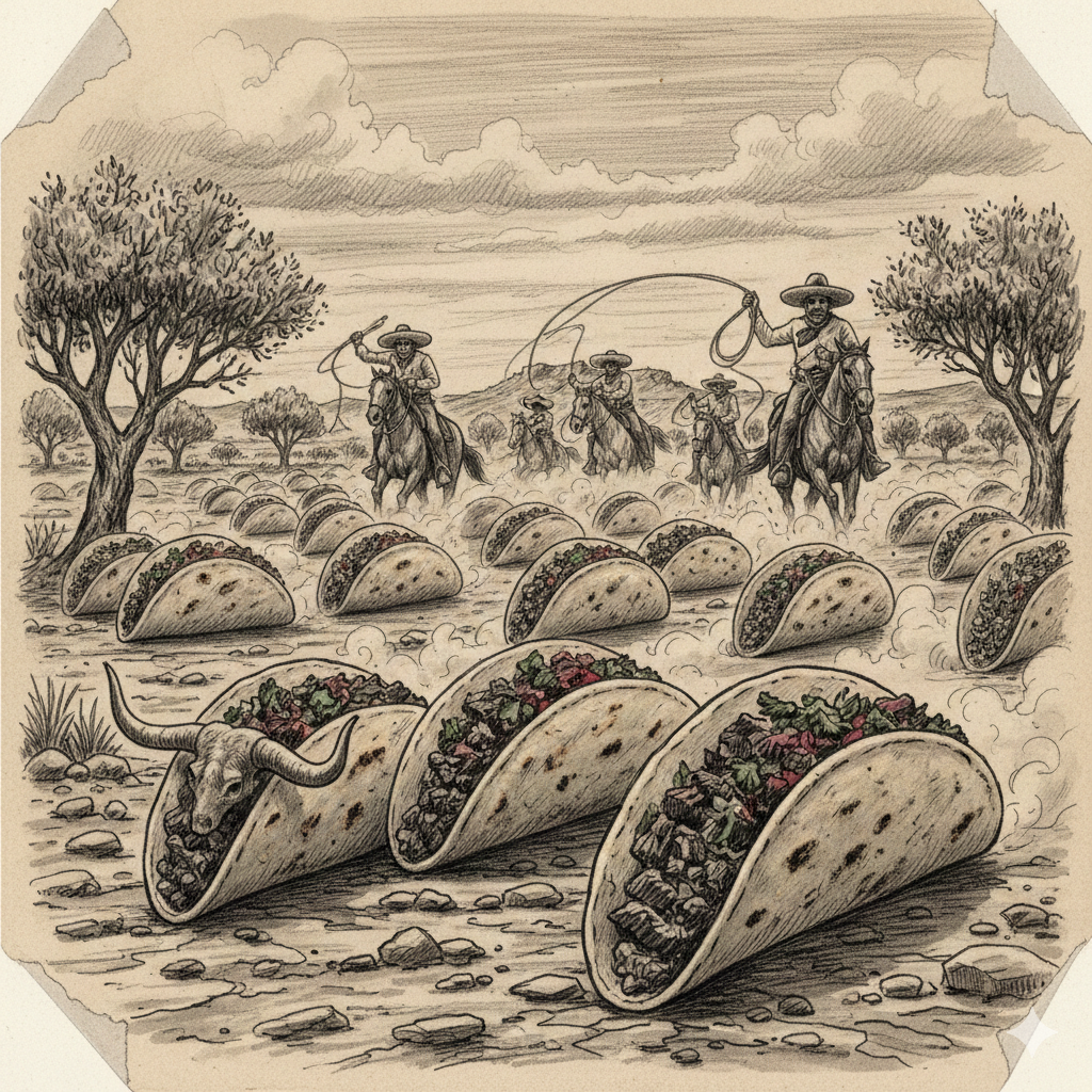 A.I. version of a pencil drawing of vaqueros out on their horses, herding and roping tacos as they roam the chaparral like cattle.