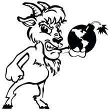 Johnnny Killmore Chivo Logo: a cartoon goat holding a bomb with sizzling fuze, but the bomb is also a globe of the Earth.
