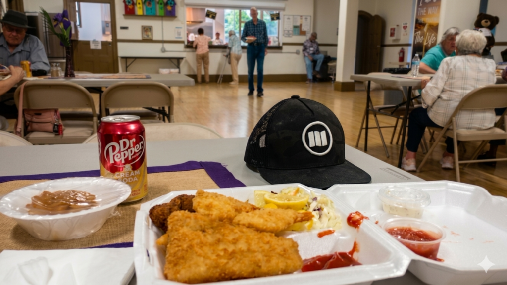 A take-out container opened to show fried fish and shrimp. On the table is a baseball cap and a styrofoam bowl with pineapple cake and also a can of Dr Pepper cream soda. in the background various people are eating or standing at a counter ordering